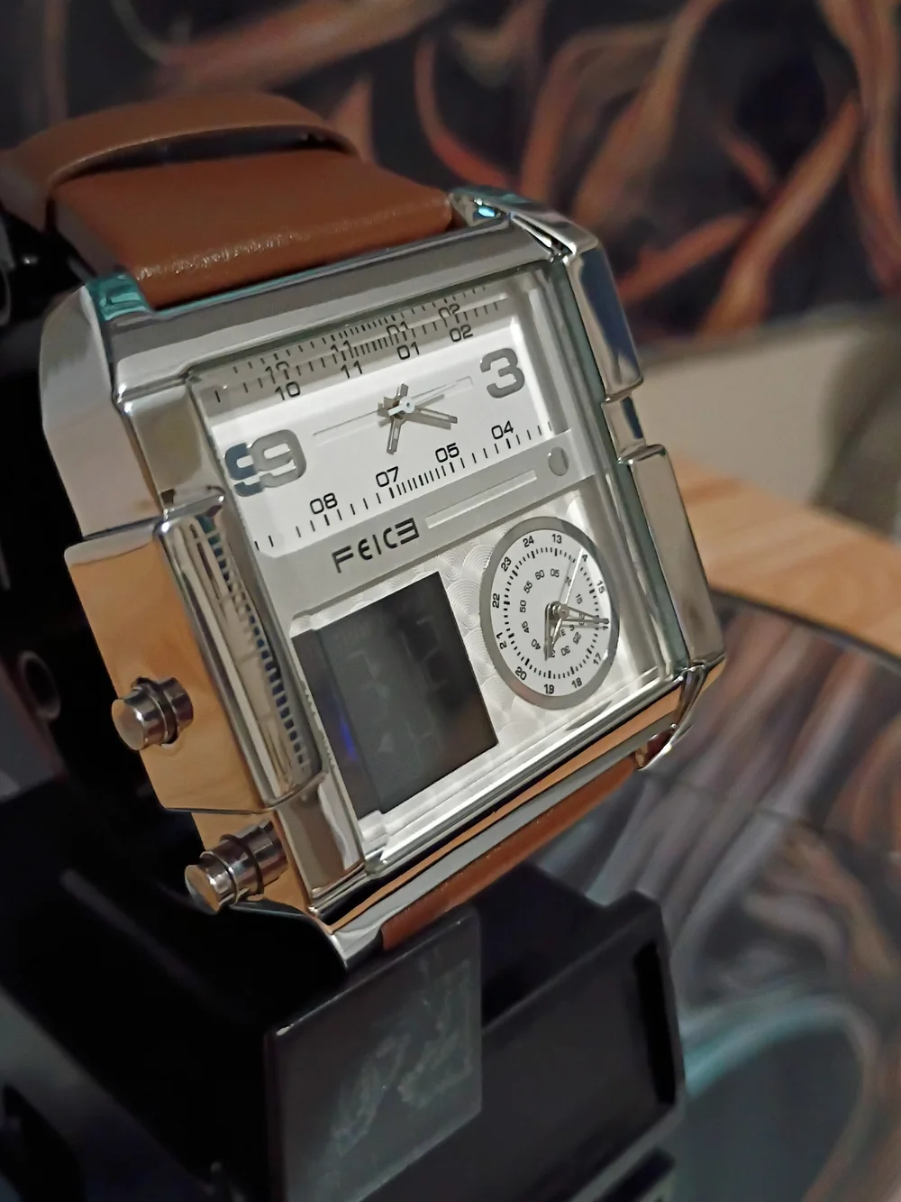 Ice Silver Dual-Display Men's Watch with Brown Leather Band